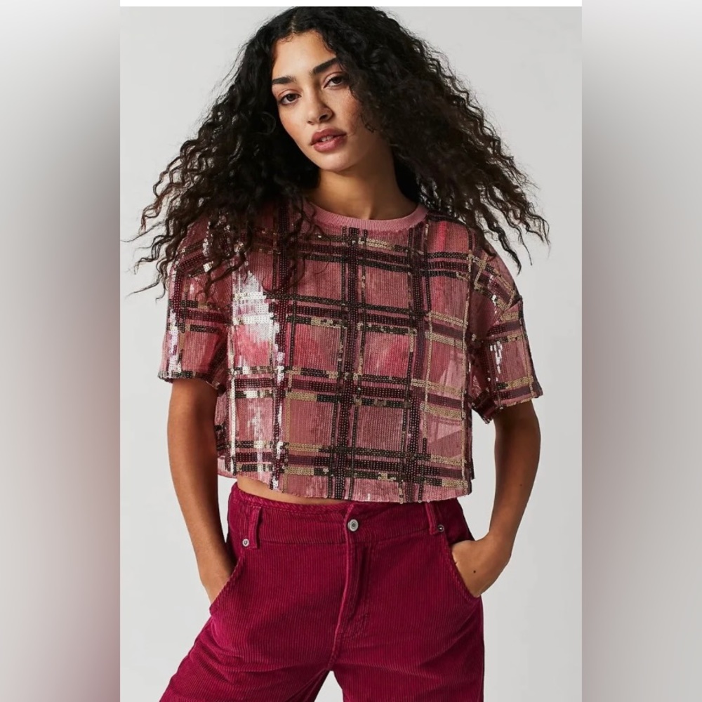 Free People Make It Easy Multicolor Sequin Crop Boxy Lined Relaxed Tee Top